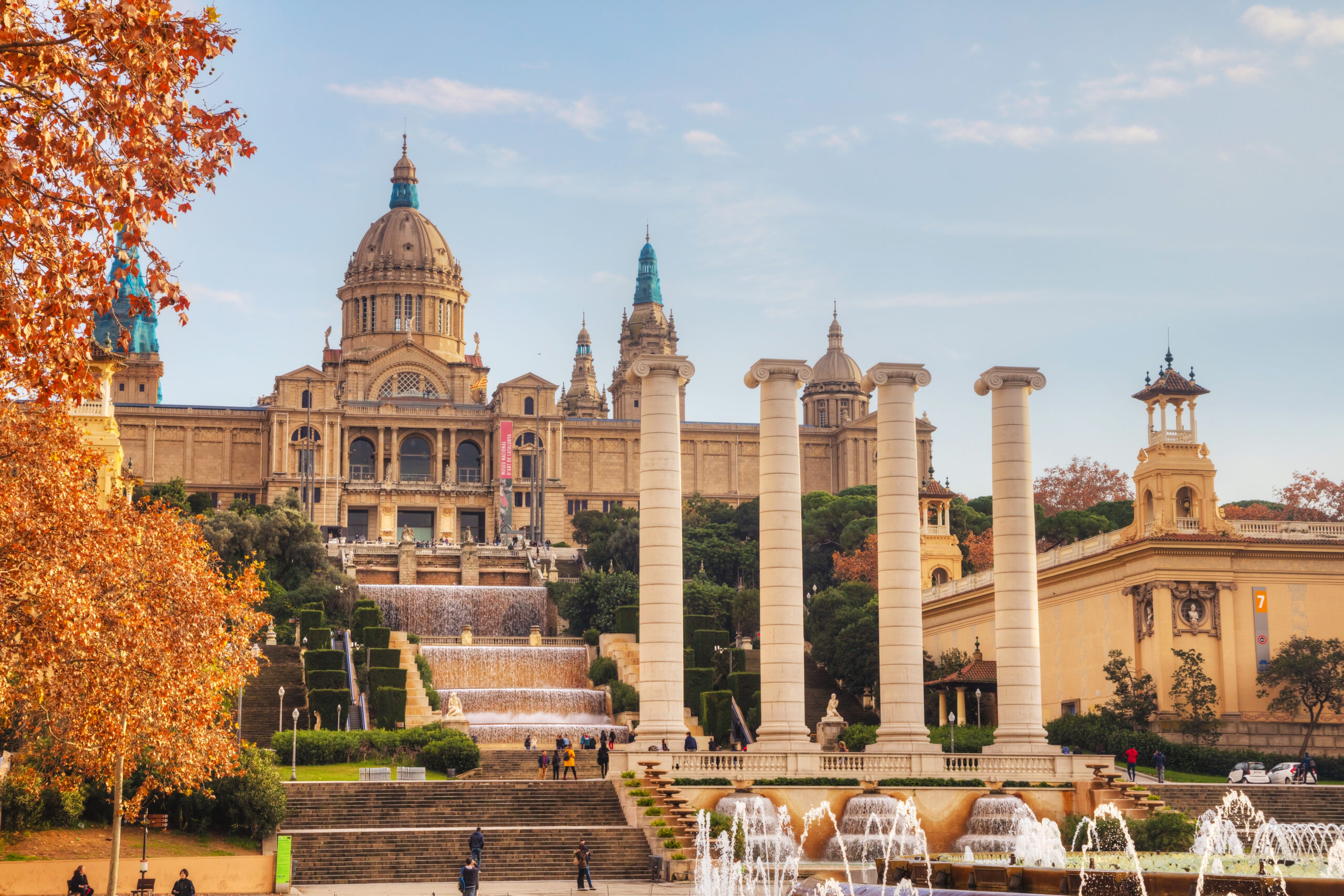 BARCELONA - DECEMBER 14: Montjuic hill with people on a sunny day on December 14, 2018 in Barcelona, Spain.